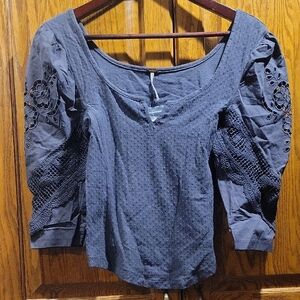 Free People Blue Puff Sleeve Smocked Blouse